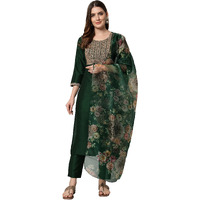 Vredevogel Women's Embroidered Floral Silk Blend Kurta Pant And Dupatta Set (Green_Xxx-Large)