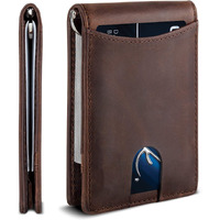 Contacts Genuine Leather Money Clip Wallet Slim Front Pocket Rfid Blocking Card Holder Minimalist Mini Bifold For Men's With Smart Pull Strap 8 Card Slots Photo Id (Brown)