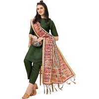 Ethnicjunction Women's Solid & Shtriped Work Cotton Kurta Pant With Dupatta Set (B31-Bharat-Bottle Green_M_Y_Bottle Green)