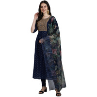 Vredevogel Women's Chanderi Modal Butti Kurta With Stretchable Leggings & Organza Dupatta Set (Blue_Large)