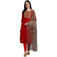 Vredevogel Women's Chanderi Modal Butti Kurta With Stretchable Leggings & Organza Dupatta Set (Red_Xx-Large)