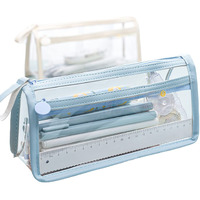 Wolpin Pvc Large Capacity Pencil Bag, Pencil Pouch With Zipper Closure Portable Makeup Pouch, Case Cute Stationery Bag For Students Girls Adults Office (Transparent Blue)