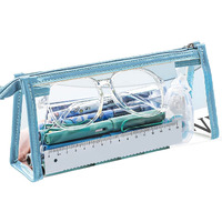 Wolpin Pvc Large Capacity Pencil Bag, Transparent Blue Pencil Pouch With Zipper Closure Portable Makeup Pouch, Case Cute Stationery Bag For Students Girls Adults Office