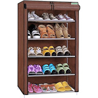 Flipzon Multipurpose 5 Shelves Shoe Rack With Zip Door Cover & Side Pockets, Multiuse Storage Rack For Footwear, Toys, Clothes With Dustproof Cover (5 Shelves) (Brown)