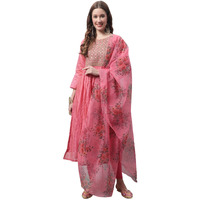 Vredevogel Women's Chanderi Modal Butti Kurta With Stretchable Leggings & Organza Dupatta Set (Pink_Small)