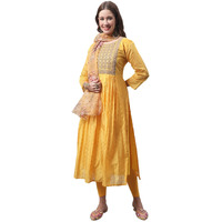 Vredevogel Women's Chanderi Modal Butti Kurta With Stretchable Leggings & Organza Dupatta Set (Yellow_Large)