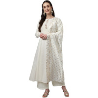 Fiorra Women's Off White Pure Cotton Flared Kurta With Palazzo And Dupatta Set0074-2Xl