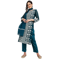 Ethnicjunction Youthnic Women's Teal Blue Lucknowi Chikankari Embroidered Thread Work Georgette Straight Kurta Pant And Dupatta Set(Skd4-Panel-Teal_L)