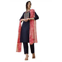 Ethnicjunction Women's Embroidered Cotton Blend A-Line Kurta Pant With Dupatta Set (Skd32-Angel-Navy_S_Navy Blue)