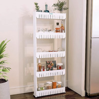 Flipzon 5 Layer Multipurpose Plastic Storage Organizer Slim Rack Shelf With Wheels | Slim Slide Out Kitchen Trolley Rack Holder Storage Organizer For Kitchen, Bathroom (White)