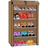 Flipzon Non-Woven Fabric Multipurpose 5 Shelves Shoe Rack With Zip Door Cover & Side Pockets, Multiuse Storage Rack For Footwear, Toys, Clothes With Dustproof Cover (5 Shelves, Chiku), Cm