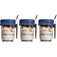Ash & Roh Overnight Oats Containers With Lids And Spoons 350 Ml Glass Mason Jars For Overnight Oats Leak Proof Oatmeal Container Great For Cereal Fruit Vegetable Milk Salad Yogurt (Blue 3)