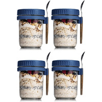 Ash & Roh Overnight Oats Containers With Lids And Spoons 350 Ml Glass Mason Jars For Overnight Oats Leak Proof Oatmeal Container Great For Cereal Fruit Vegetable Milk Salad Yogurt (Blue 4)