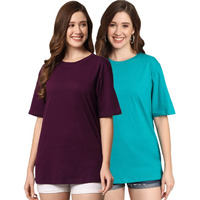 Funday Fashion Cotton Short Sleeve Oversized T-Shirt For Women (Pack Of 2) (Xx-Large, Wine & Cool Blue)