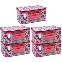 Acnos Premium Brand Metalic Pink Chain Flower Design 5 Piece Non Woven Large Size Saree Cloth Cover Set Pack Of 5 Pink And White
