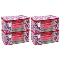 Acnos Premium Brand Metalic Pink Chain Flower Design 4 Piece Non Woven Large Size Saree Cloth Cover Set Pack Of 4 Pink And White