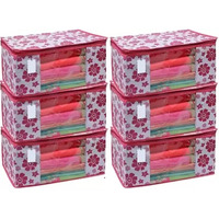 Acnos Premium Brand Metalic Pink Chain Flower Design 6 Piece Non Woven Large Size Saree Cloth Cover Set Pack Of 6 Pink And White