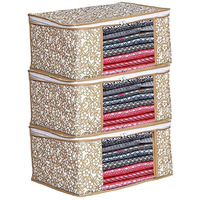 Acnos Non-Woven Premium Brand Metalic Gold Design White Chain 3 Piece Non Woven Large Size Saree Cloth Cover Set Pack Of 3 Gold And White