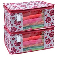 Acnos Premium Brand Metalic Pink Chain Flower Design 2 Piece Non Woven Large Size Saree Cloth Cover Set Pack Of 2 Pink And White
