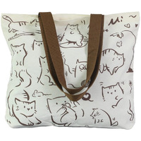 Wolpin Women Reusable Shopping/Grocery Classic Tote Bag With Pocket Shoulder Cotton Handbag Zipper Closure Travel Bag Multi-Purpose, Funny Cat, Beige