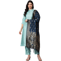 Vredevogel Women's Cotton Silk Blend Straight Kurta Trouser With Dupatta Set (Sea-Green_X-Large)