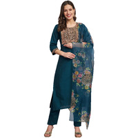 Vredevogel Women's Embroidered Cotton Silk Blend Kurta Pant With Dupatta Set (Teal_Medium)