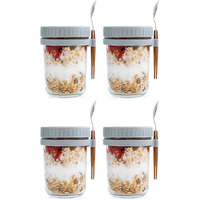 Ash & Roh Overnight Oats Containers With Lids And Spoons 350 Ml Glass Mason Jars For Overnight Oats Leak Proof Oatmeal Container Great For Cereal Fruit Vegetable Milk Salad Yogurt (Grey 4)