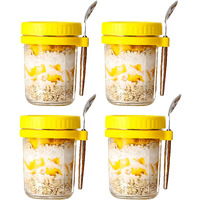 Ash & Roh Overnight Oats Containers With Lids And Spoons 350 Ml Glass Mason Jars For Overnight Oats Leak Proof Oatmeal Container Great For Cereal Fruit Vegetable Milk Salad Yogurt (Yellow 4)