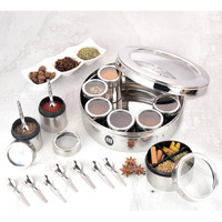 Maru Extra Large 12 In 1 Spice Box For Kitchen With Threaded Lids | Masala Box For Kitchen Steel | Masala Container For Kitchen See Through Lid (Size 14 Extra Large 24.5Cms) Silver