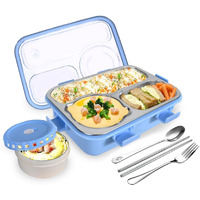 Tec Tavakkal Lunch Box 3 Compartment Leak-Proof Bpa Free Stainless Steel, Lunch Box For Kids, Lunch Box For School & Office With A Fork, A Spoon And A Pair Of Chopsticks (Blue), 750 Ml
