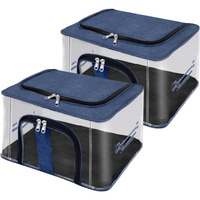 Storite 2 Pack Nylon 33 L Pvc Transparent Moisture Proof Storage Box For Clothes Closet Wardrobe Organizer For Clothes Saree Bags With Carry Handle - (Darkblue, 44 X 31 X 24 Cm)