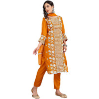 Ethnicjunction Women's Lucknowi Chikankari Embroidered Thread Work Georgette Straight Kurta Pant And Dupatta Set(Skd4-Panel-Mustard_S)