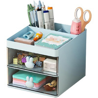 House Of Quirk Small Desk Organizer With Drawer,Multi-Functional Pen Pencil Holder Storage Box For Desk & Accessories With 3 Compartments + 2 Drawer For Office Art Supplies (Blue)