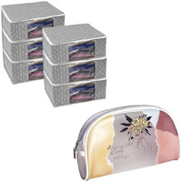 Homestrap Set Of 6 Printed Saree Cover, Non Woven Fabric & Translucent Cosmetic Bag (Pack Of 7, Combo 2)