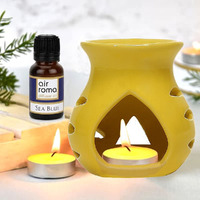 Air-Roma Ceramic Aroma Yellow Diffuser Burner With 10Ml Sea Blue Oil & 2 Pcs Candles|Strong & Long-Lasting Aroma