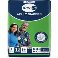 Karein Classic Adult Diapers, Large, Waist Size 101-139 Cm (40"-55"), 10 Count, Tape Style, Unisex, High Absorbency, Leak Proof, Wetness Indicator