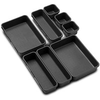 Inovera (Label) 8 Pieces Cutlery Tray For Kitchen Drawers - Interlocking Drawer Desk Organizer - Plastic Divider Trays (Dark Grey)
