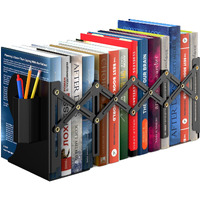 Appucoco Adjustable Metal Bookend For Tabletop Heavy Books Tiered Shelf Organizer Holder For Home Storage, Office, Classroom, Library With Pen Holder (Extends Up To 15 Inches) - Black