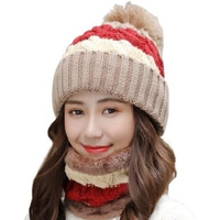 Alexvyan Twist Color Winter Very Soft Warm 1 Set Snow Proof Knitted Ball Cap (Inside Fur) Woolen Beanie Cap + Neck Muffler Scarf Set For Ladies Women Girl (Brown)