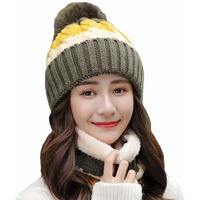 Alexvyan Twist Color Winter Very Soft Warm 1 Set Snow Proof Knitted Ball Cap (Inside Fur) Woolen Beanie Cap + Neck Muffler Scarf Set For Ladies Women Girl (Green)
