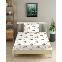 Trance Home Linen 180Tc 100% Cotton 72"X30" Single Bed Size Elastic Fitted Kids Bedsheet | Cartoon Printed Single Size Bed Elasticated Fitted Bedspread With 1 Pillow Cover (72X30 Inch, Car Orange)