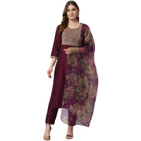 Vredevogel Women's Embroidered Cotton Silk Blend Kurta Pant And Dupatta Set (Purple_Small, Regular Fit)