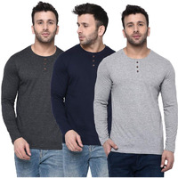 London Hills Solid Men Full Sleeve Round Neck Cotton Blend Regular Fit T-Shirt (Pack Of 3) Multi-Coloured, Large.