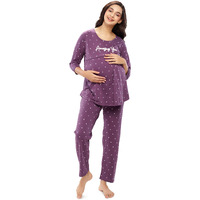 Zeyo Women's Cotton Heart Printed Purple Maternity & Feeding Night Suit Pajama Set Of Top & Pyjama Nursing Night Dress 5629