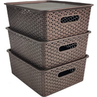 Homestrap Set Of 3 Plastic Storage Organizers/Baskets With Lid For Kitchen, Clothes, Multipurpose Vegetables, Toys, Books, Office, Stationery, Wardrobe(Medium| Brown)