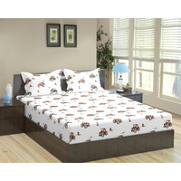 Trance Home Linen 180Tc 100% Cotton 78"X60" Standard Queen Size Elastic Fitted Kids Bedsheet | Cartoon Printed Queen Bed Size Elasticated Fitted Bedspread With 2 Pillow Covers (78X60 Inch, Car Orange)