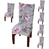 Styleys Elastic Chair Cover Stretch Removable Washable Short Dining Chair Cover Protector Seat Slipcover (6 Chair Cover, Slmc108 Grey/Pink Flower), Polyester;Polyester Blend