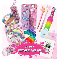 Indikonb 12 In 1 Unicorn Gifts For Girls | Unicorn Theme Birthday Gift For Kids Age 6-8 Years, 10-12 Year Old | Unicorn Small Diary, Stationery Set, Pop It, Eye Mask, Feather Pouch - U4