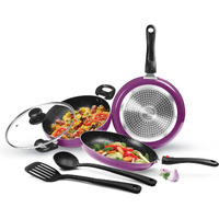 Milton Pro Cook Kitchen Jewel Set Of 5 (Fry Pan 24 Cm/1.6 Litres; Kadhai 24 Cm/2.5 Litres With Glass Lid; Tawa 25 Cm;Nylon Laddle And Spatula), Dark Purple | Induction | Hot Plate | Flame Safe