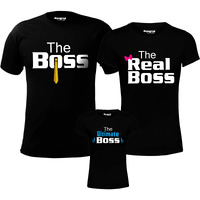 Hangout Hub Hh100 Men's Women's & Boy's Round Neck T Shirt The Boss The Real Boss (Black;Men Xl;Women M;Boys 2-4 Yrs) Set Of 3 Family T-Shirts